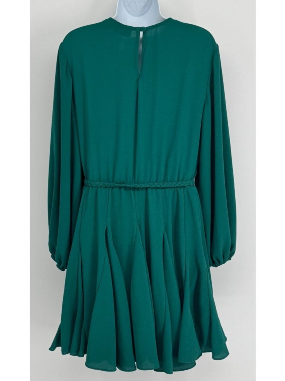 Emerald Green Dress 12 Fit Flare Long Bishop Slv Braided Belt Crepe Mini Pleat - Picture 2 of 7